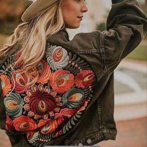 Bohemian Black floral embroider Distressed denim Jacket jean